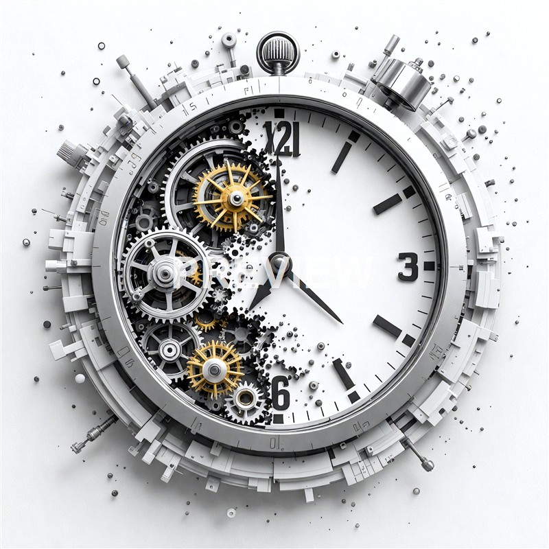 The image shows a large, partially disassembled mechanical clock with visible gears and cogs, some of which are gold-colored, mounted on a white background, with fragments and small parts scattered around.